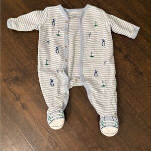 Striped Blue & White Baby One-Piece Footed Pajamas - Golf Print